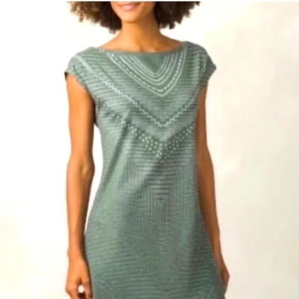 Prana Women's Sanna Dress Forest Green Synergy Print Casual Short Sleeve- Size S